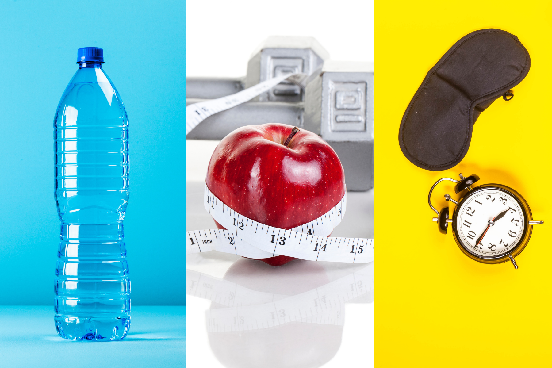 water bottle, apple with weights and sleep mask and alarm