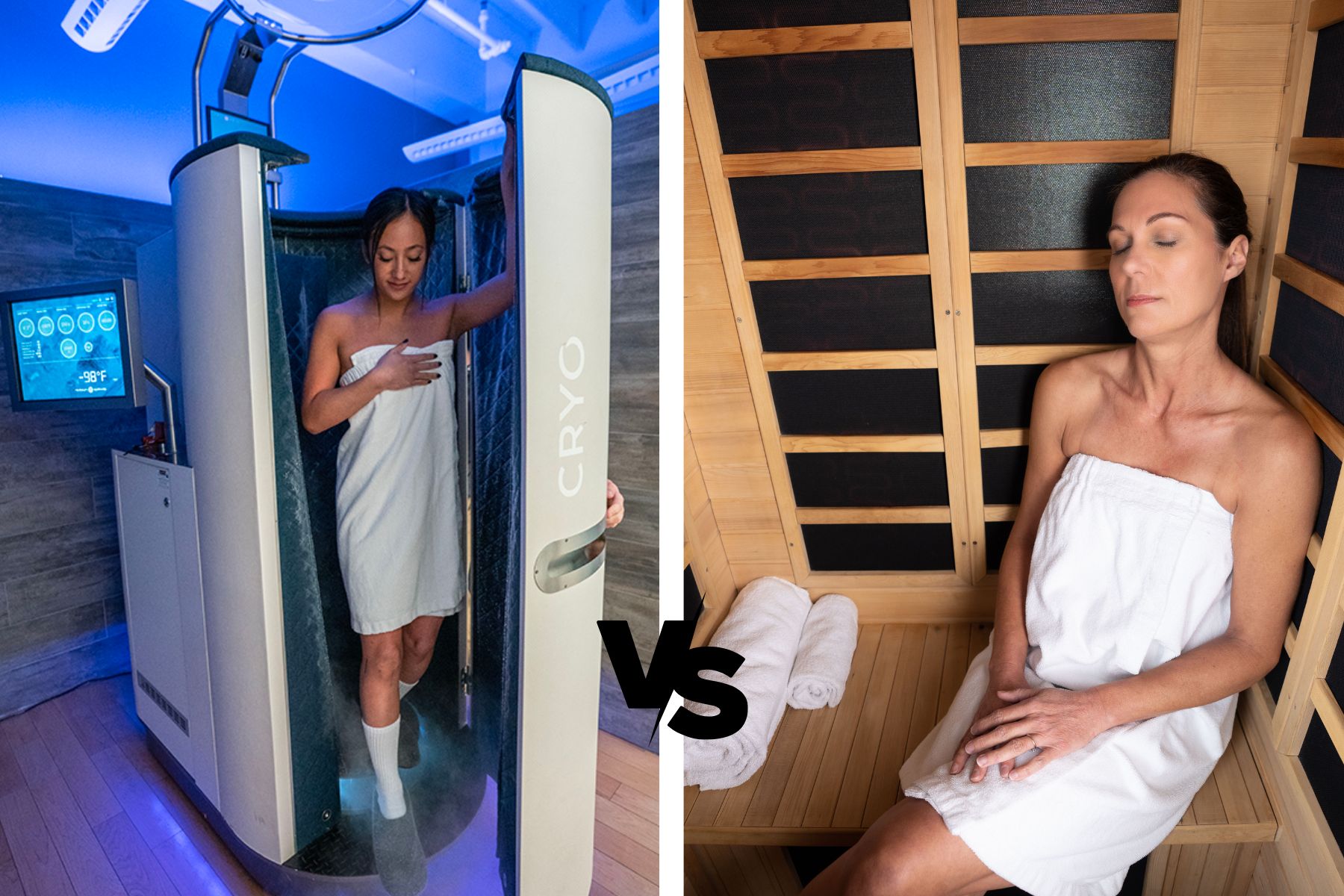 woman stepping out of a cryo machine and a woman inside an infrared sauna